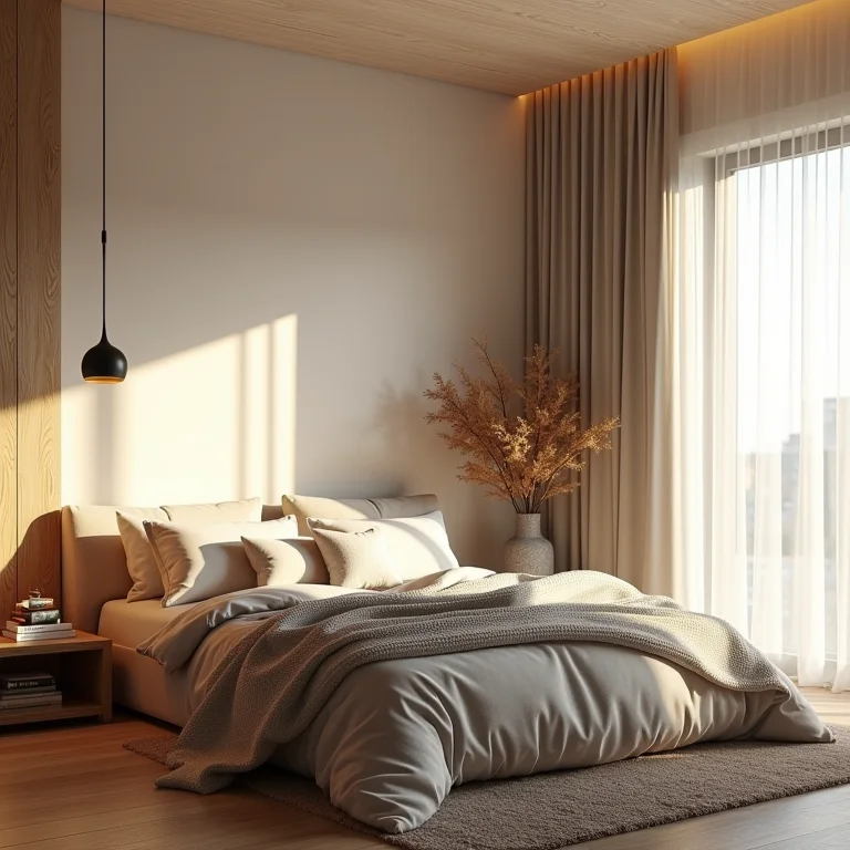 Quarto escandinavo aconchegante com iluminação quente e madeira natural