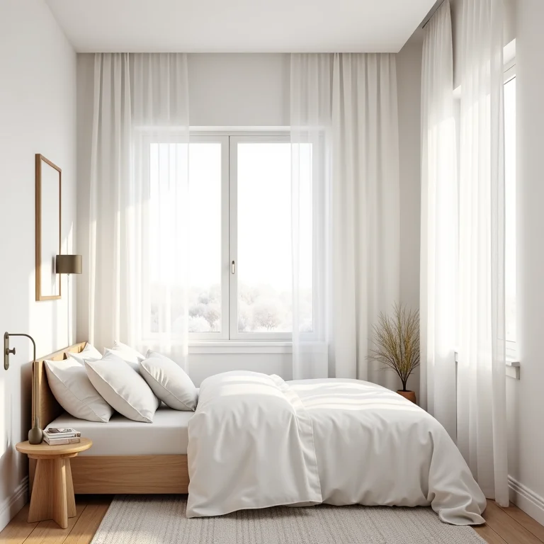 Quarto escandinavo com cores claras e iluminação estratégica.