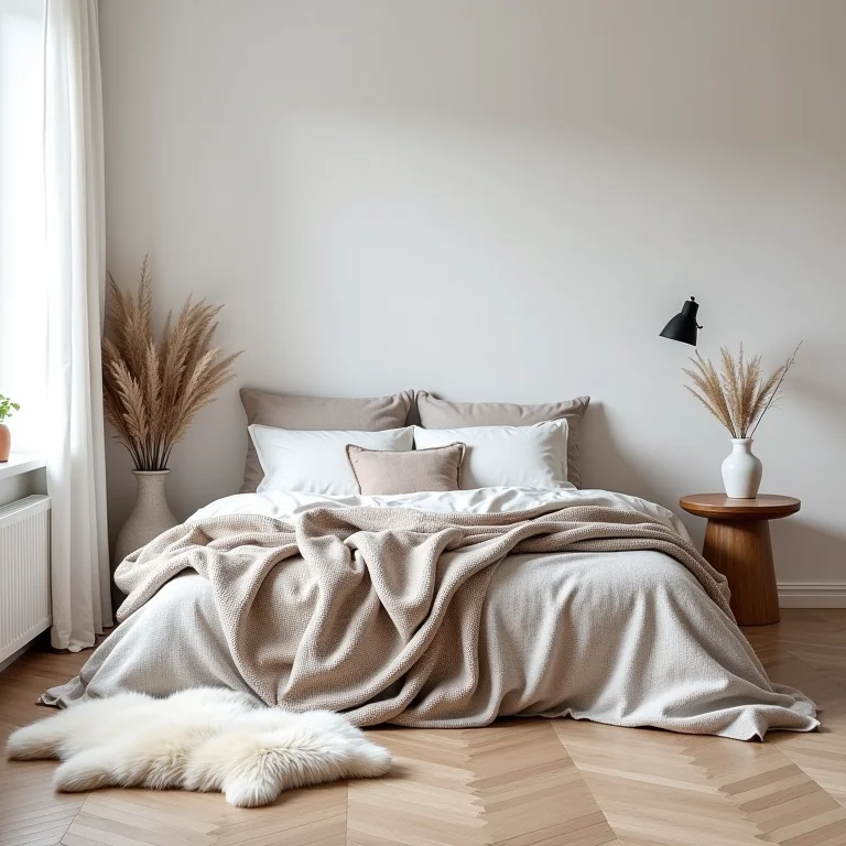 Quarto escandinavo com texturas aconchegantes.