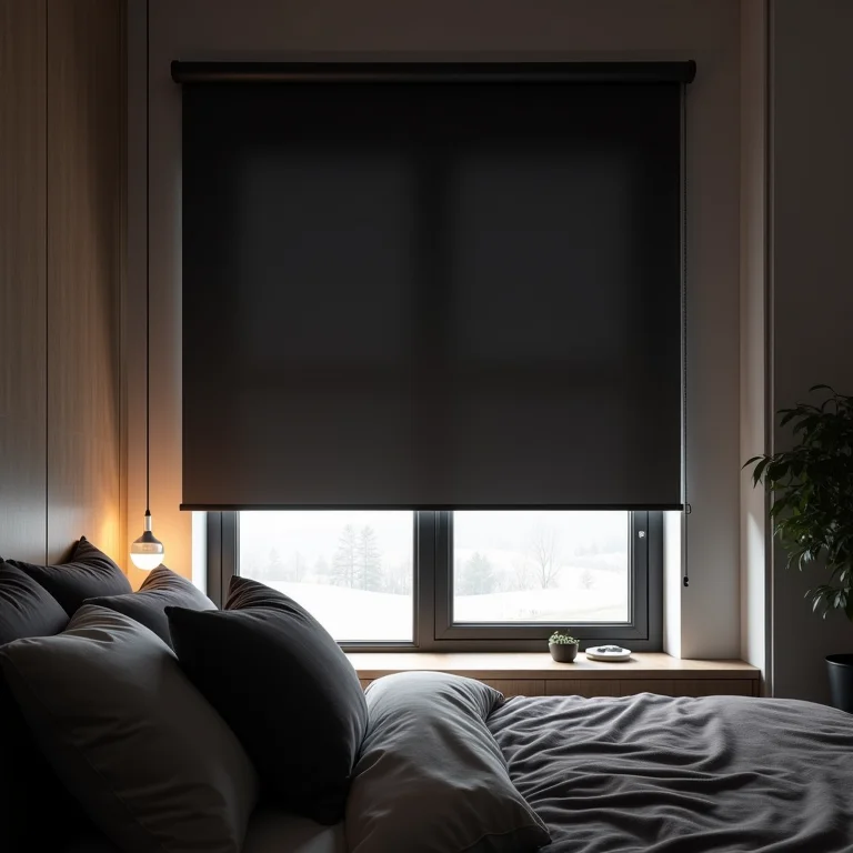 Quarto escuro com cortina rolô blackout para um sono tranquilo.