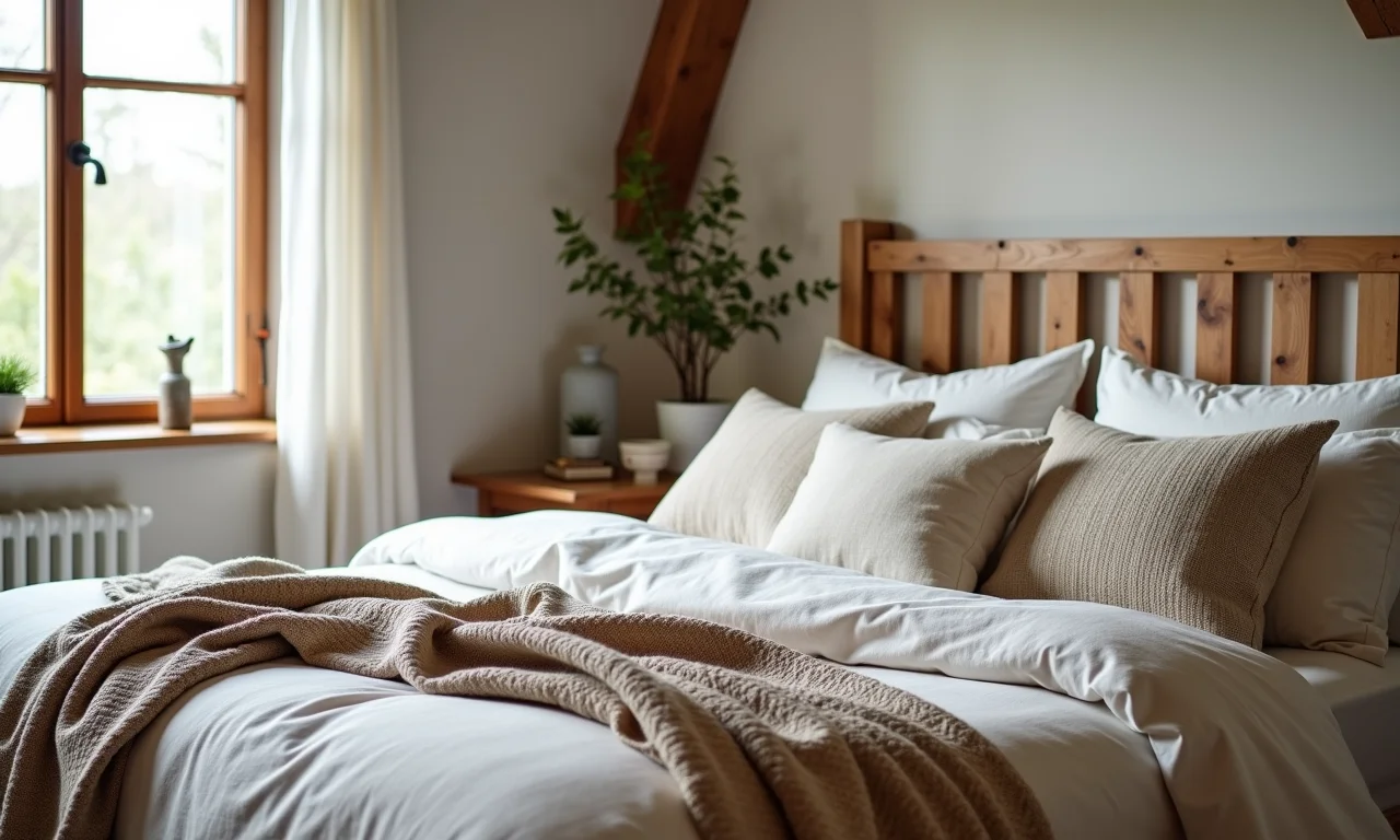 Quarto farmhouse com roupa de cama de linho e manta texturizada.