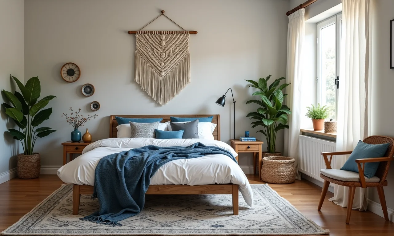 Quarto farmhouse combinado com decoração boêmia, macramê e tapete estampado.