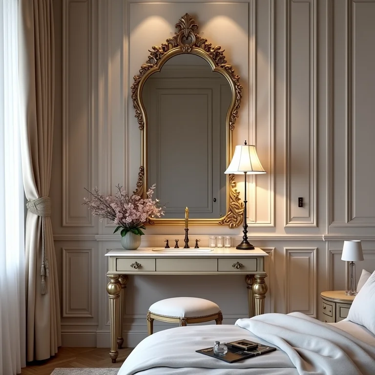 Quarto glamouroso com espelho veneziano sobre penteadeira