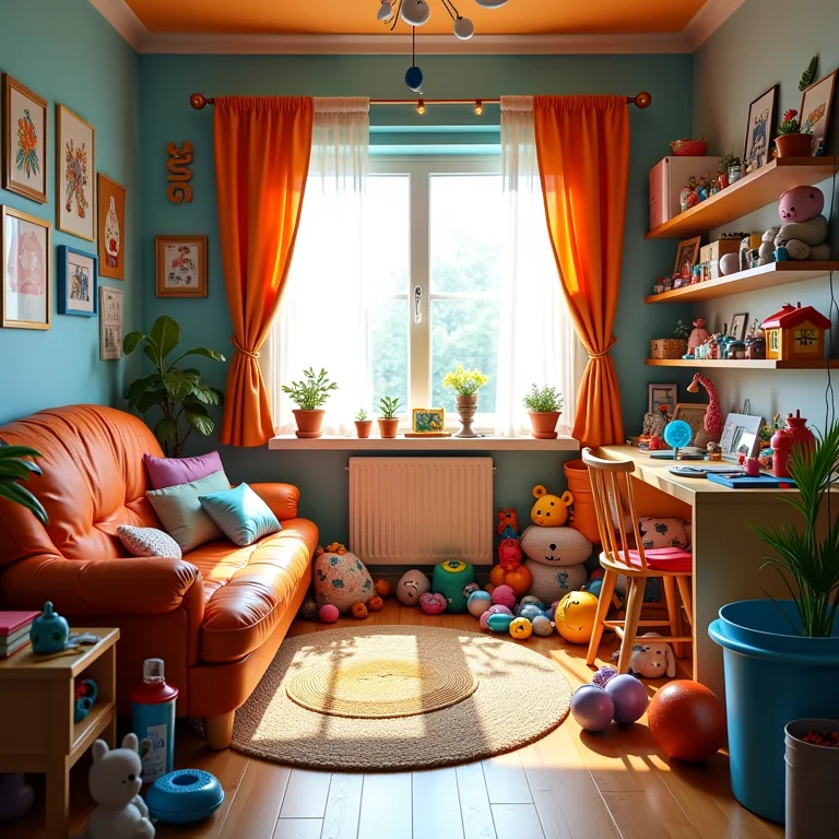 Quarto infantil com excesso de brinquedos e estímulos visuais.