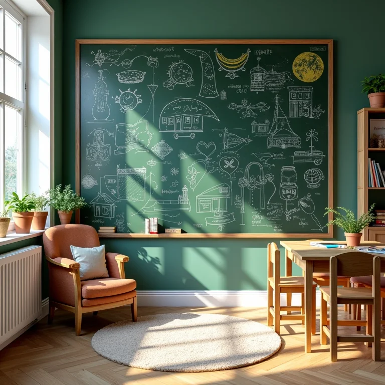 Quarto infantil com parede lousa e desenhos educativos.