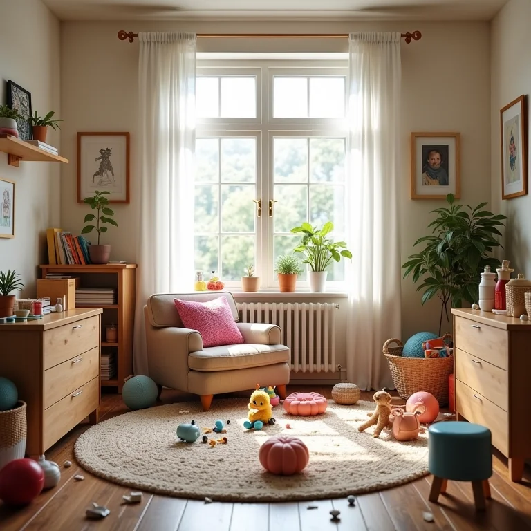 Quarto infantil desorganizado com brinquedos espalhados.