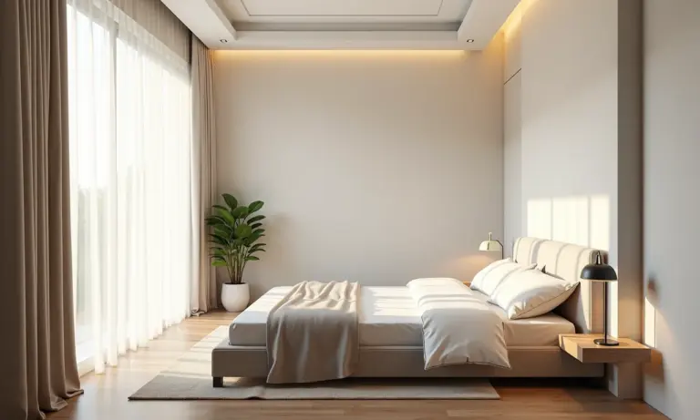 Quarto minimalista com iluminação natural e decoração clean.