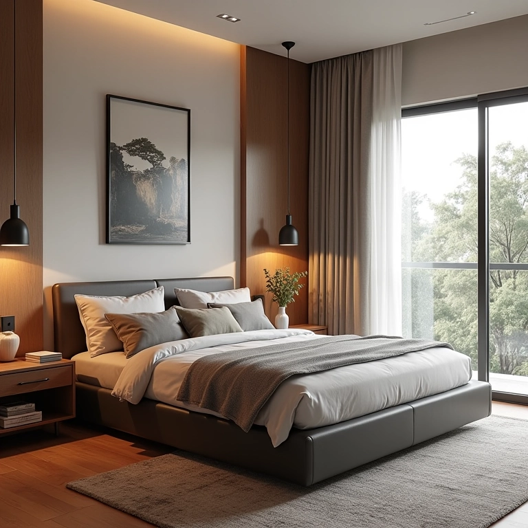 Quarto moderno com cama box e espaço de armazenamento integrado.