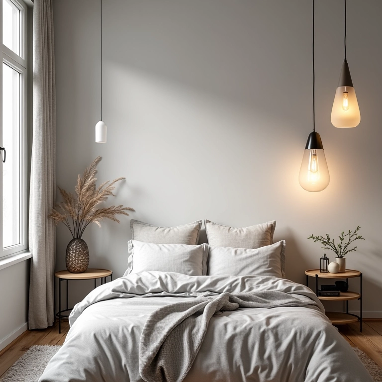 Quarto moderno mostrando diversos estilos de pendentes: minimalista, industrial e boêmio.