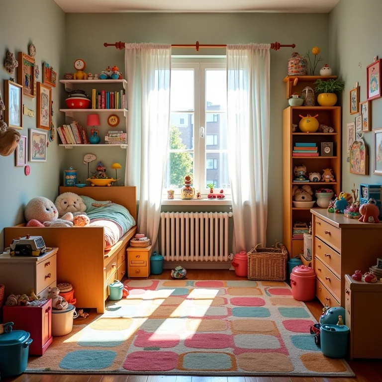 Quarto montessoriano com excesso de estímulos visuais e brinquedos.