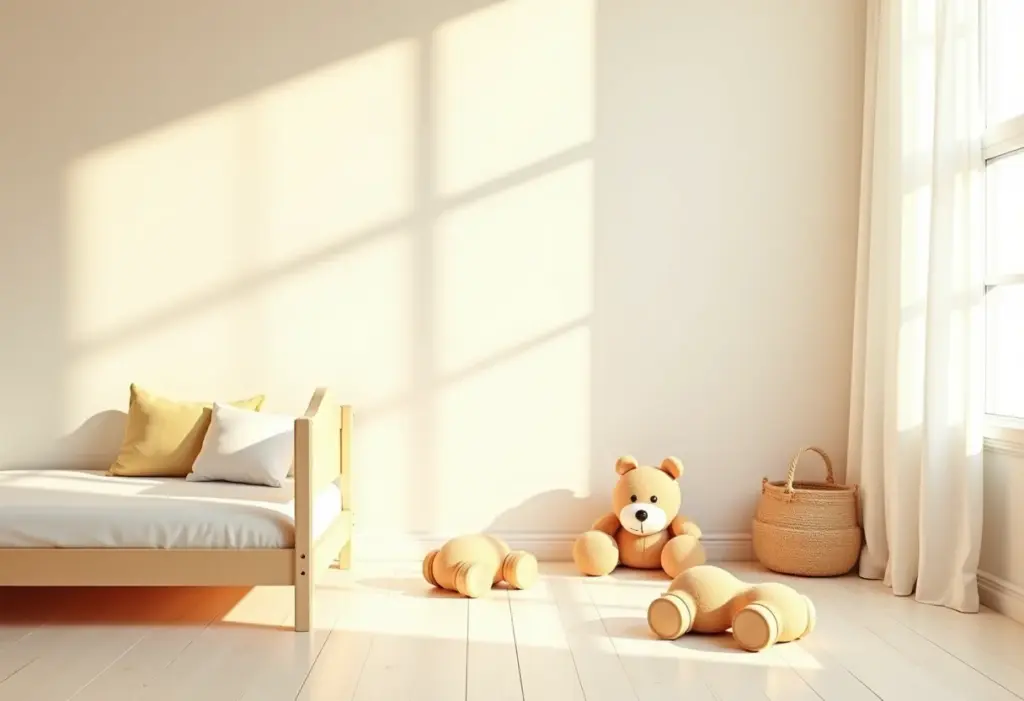 Quarto montessoriano espaçoso e bem iluminado com cama baixa e brinquedos de madeira.