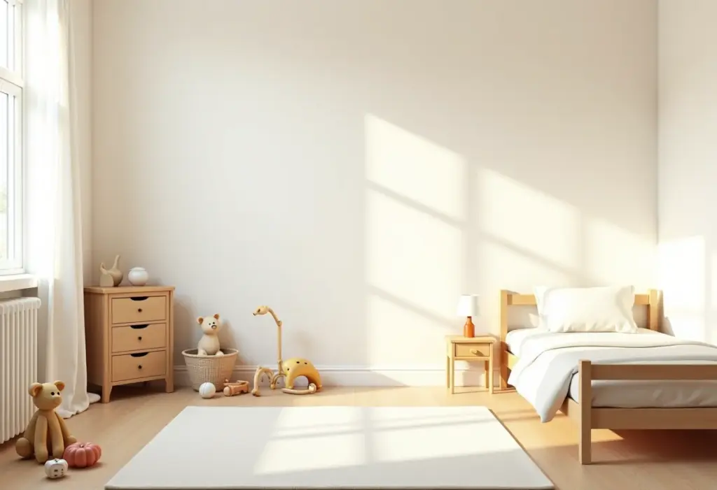 Quarto montessoriano iluminado com cama baixa e brinquedos de madeira