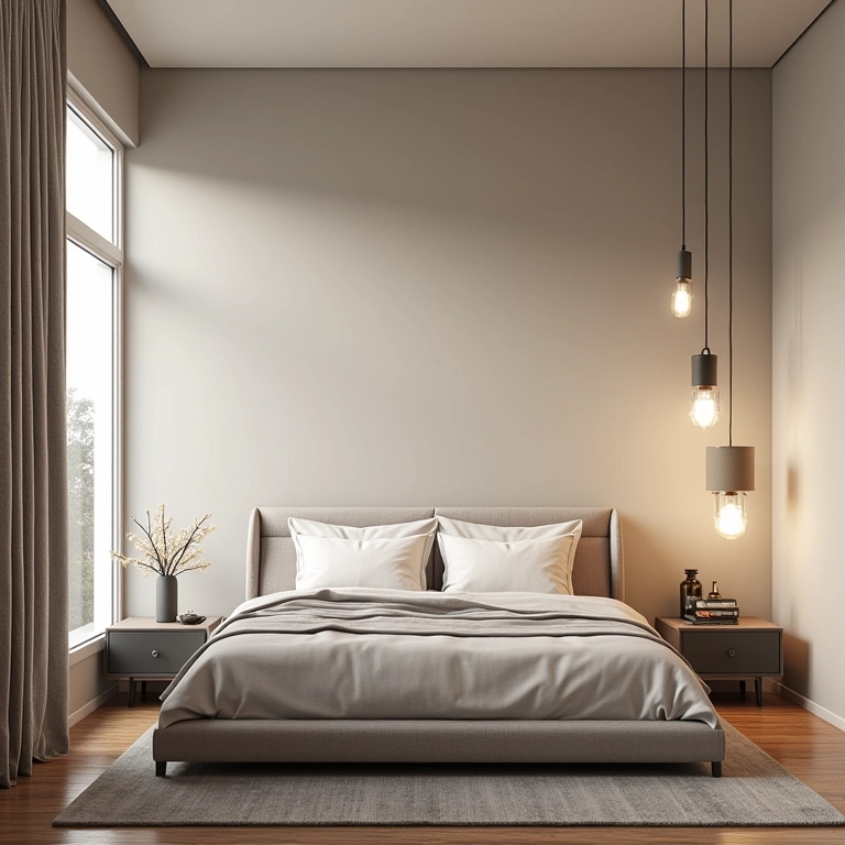 Quarto mostrando diferentes tamanhos de pendentes em relação à cama. Escala adequada.