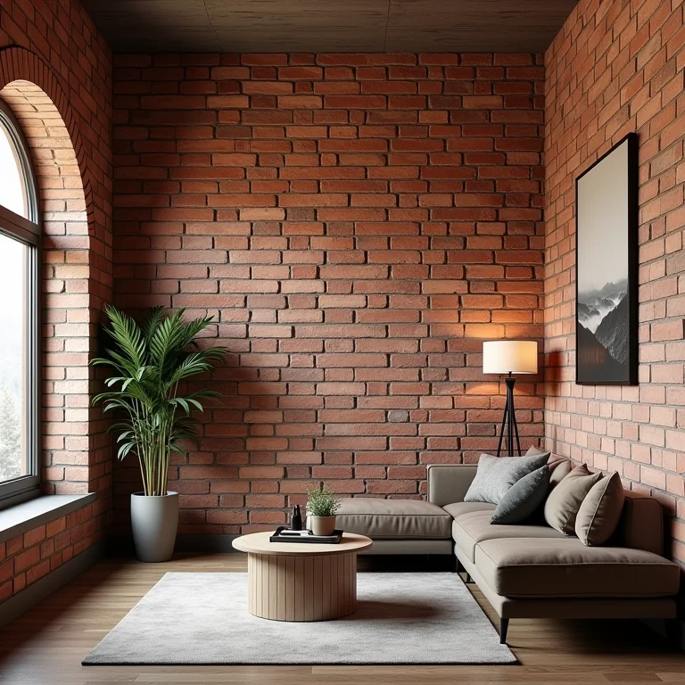 Quarto pequeno com papel de parede de tijolinho em todas as paredes.