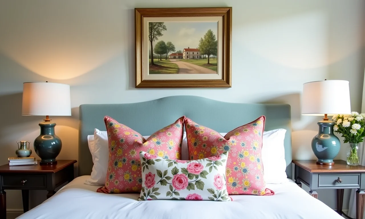 Quarto provençal com almofadas florais coloridas e obras de arte.