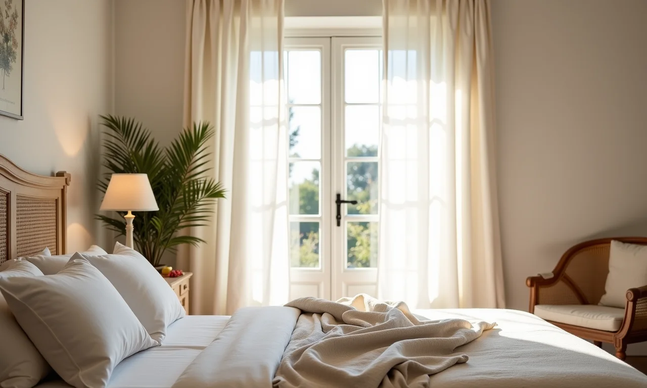 Quarto provençal com cortinas e roupa de cama de linho leve e fluida.