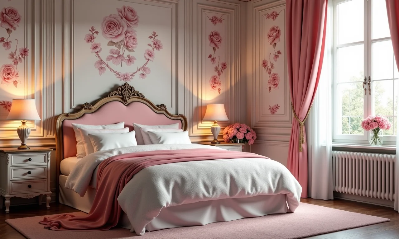 Quarto provençal com detalhes em rosa antigo.