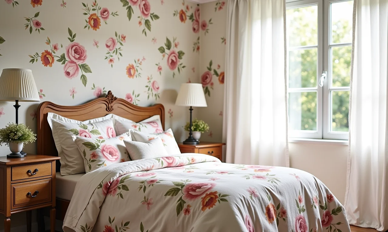 Quarto provençal com estampas florais na roupa de cama e no papel de parede.