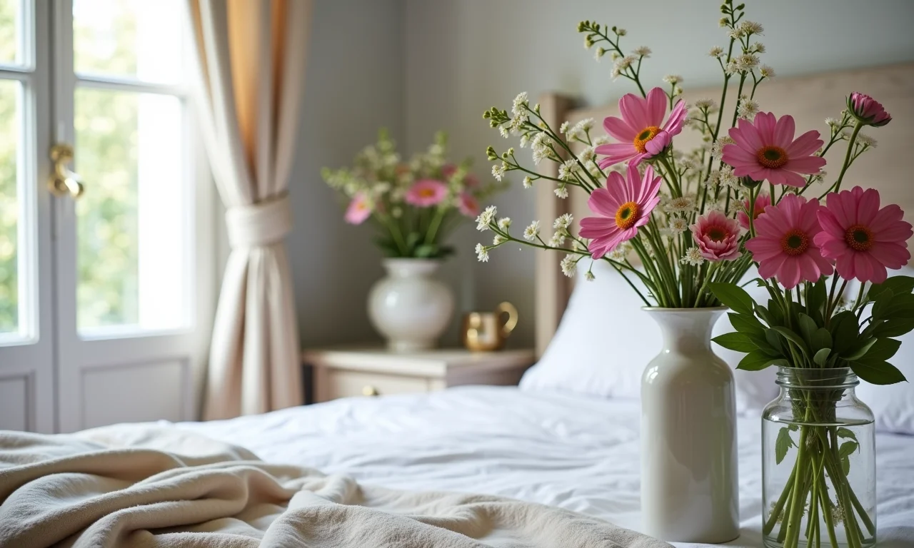 Quarto provençal com flores frescas em vasos.