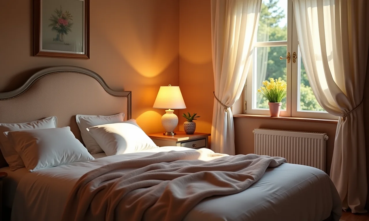 Quarto provençal com iluminação suave e abajur.