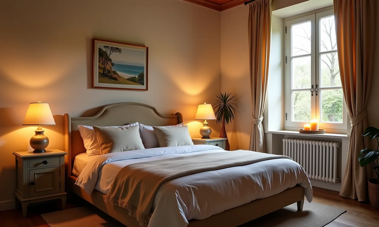 Quarto provençal com iluminação suave e quente de abajures e velas.