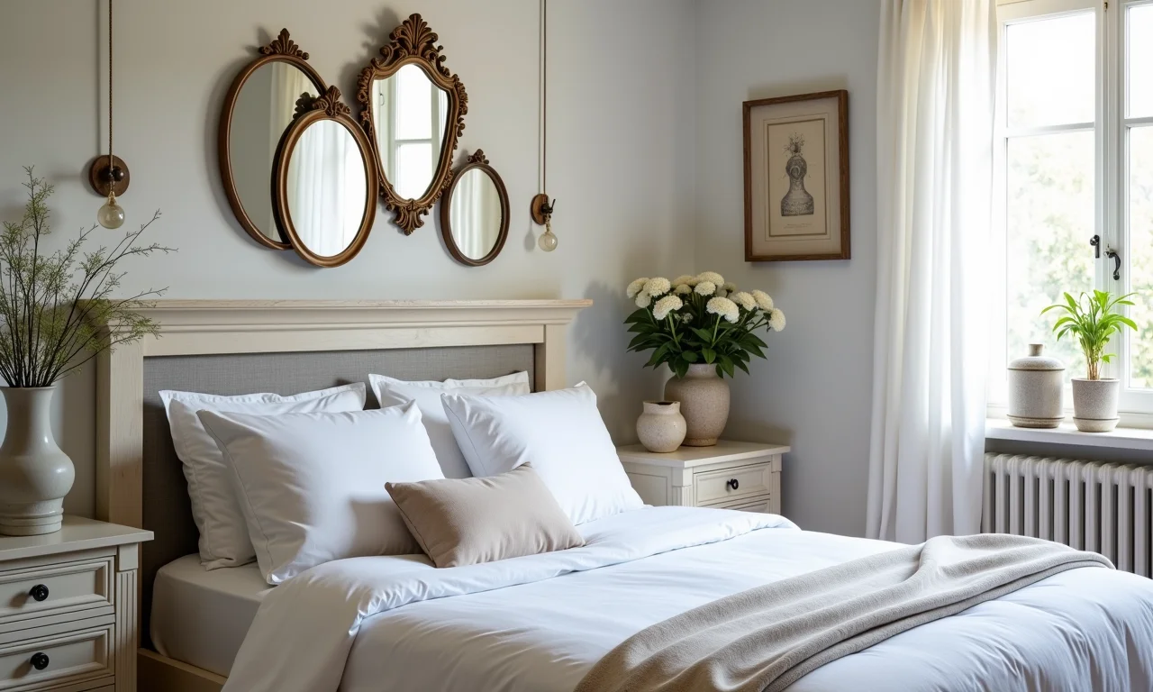 Quarto provençal com objetos decorativos cuidadosamente selecionados.