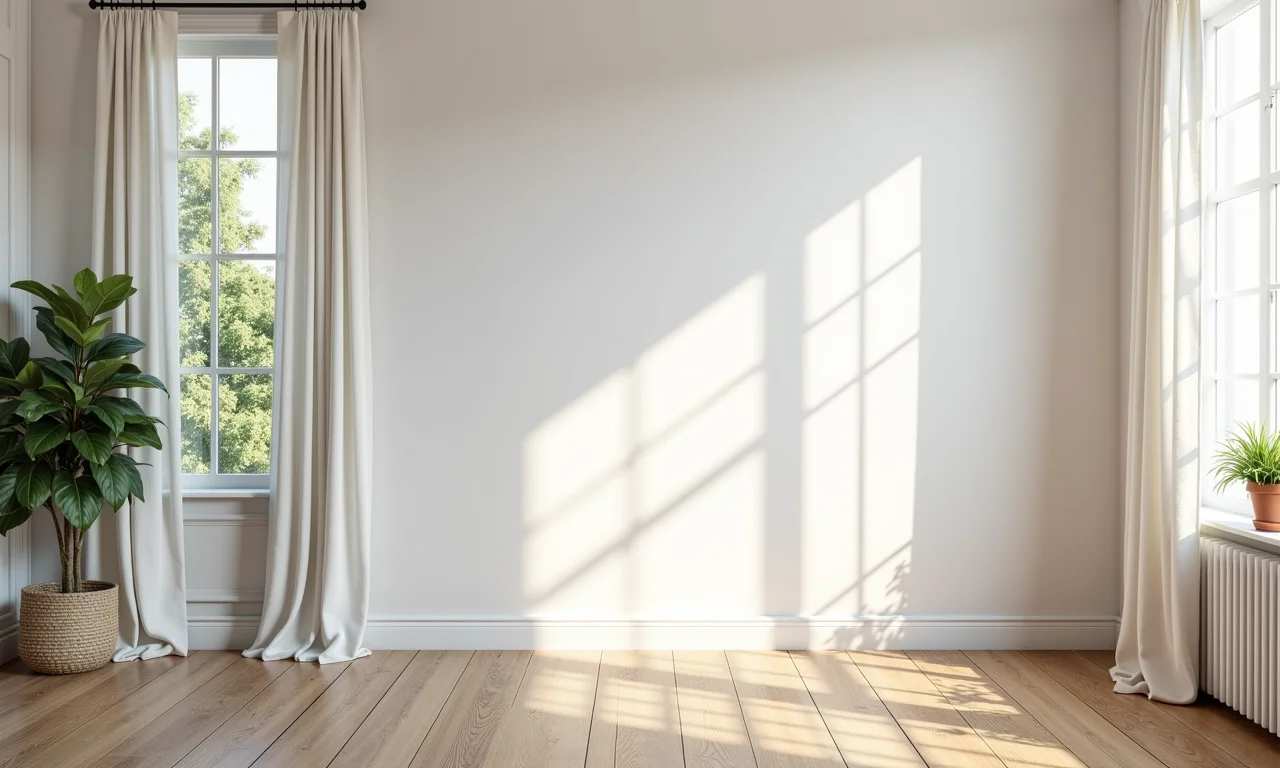 Quarto provençal com paredes brancas e cortinas de linho.