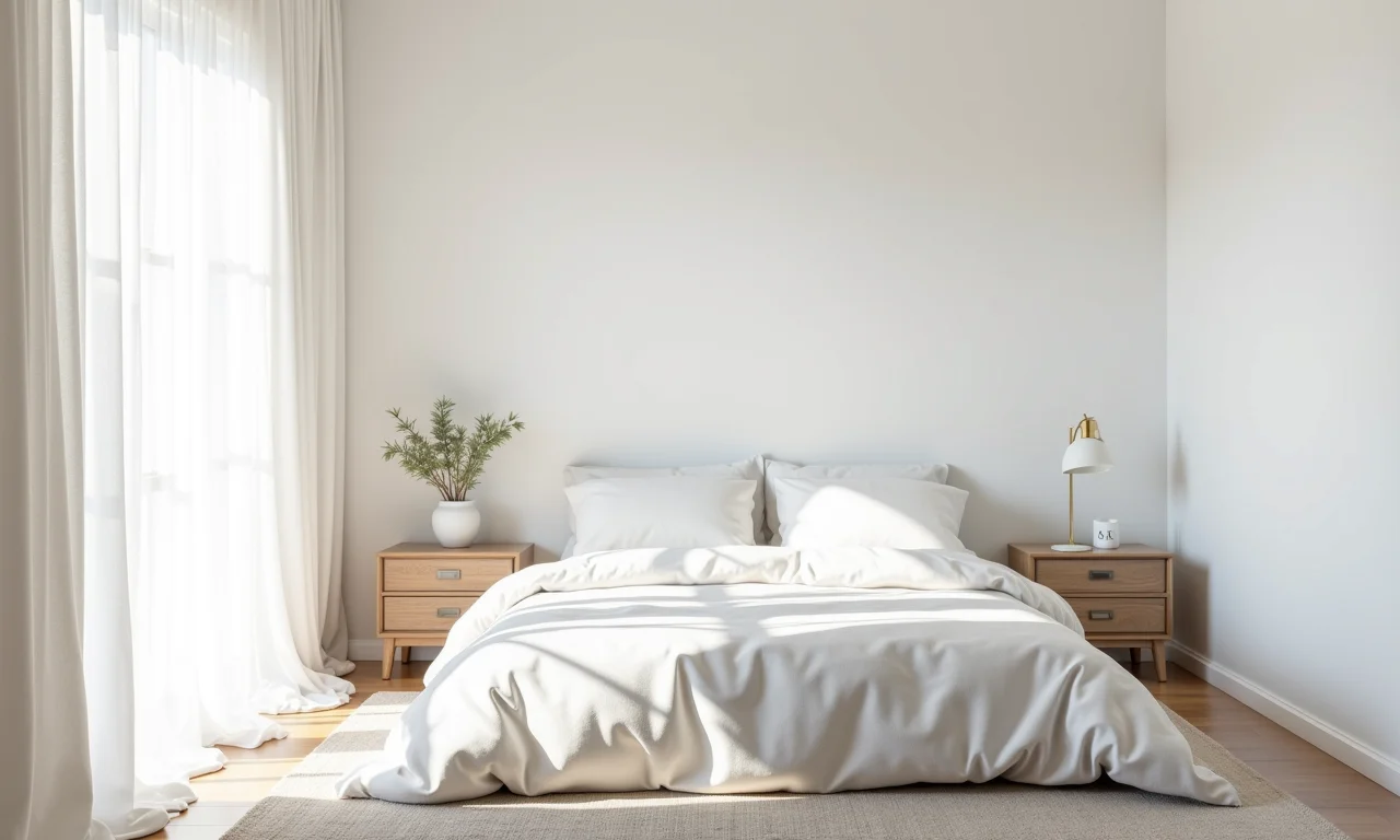 Quarto provençal com paredes brancas e roupa de cama branca.