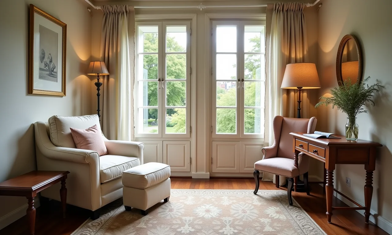 Quarto provençal com poltrona aconchegante e escrivaninha.