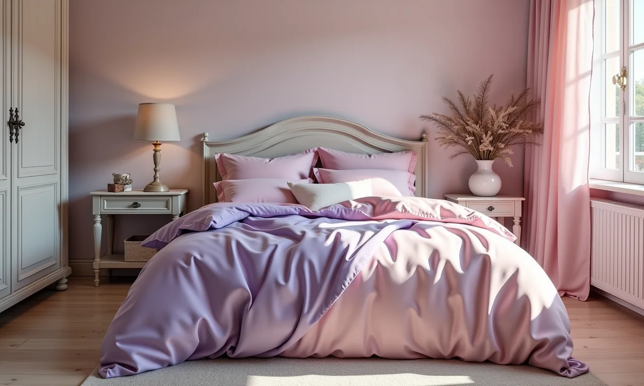 Quarto provençal com roupa de cama em tons pastel rosa e lavanda.