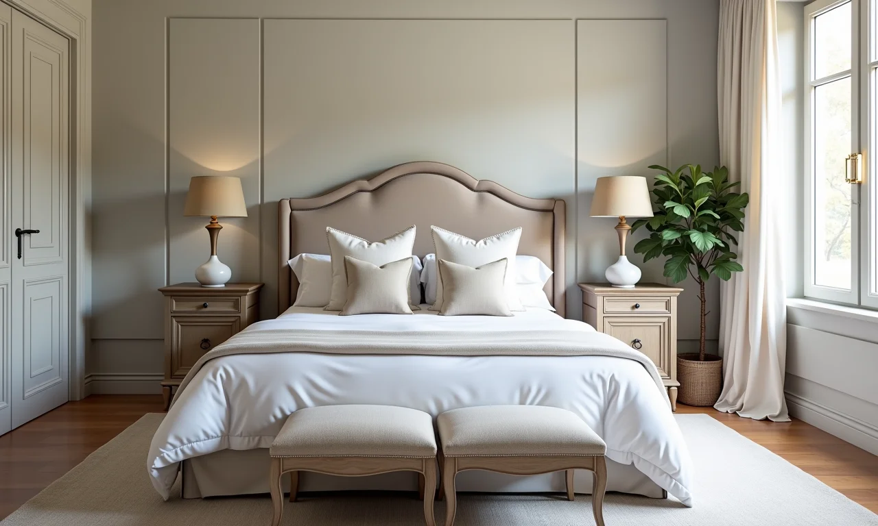 Quarto provençal elegante com uma grande cama estofada.