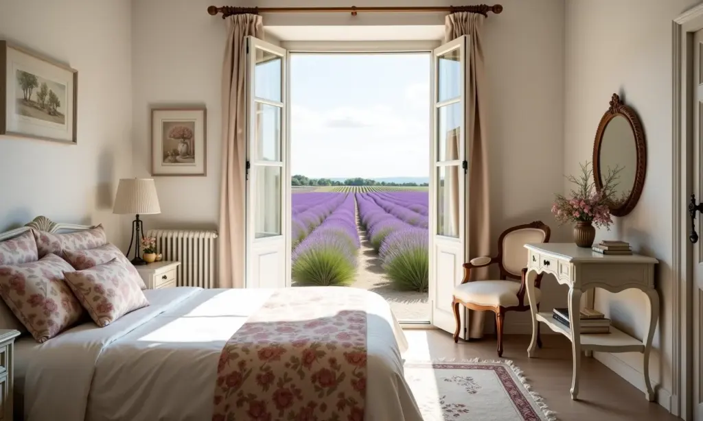 Quarto provençal iluminado com cama floral e vista para lavanda.