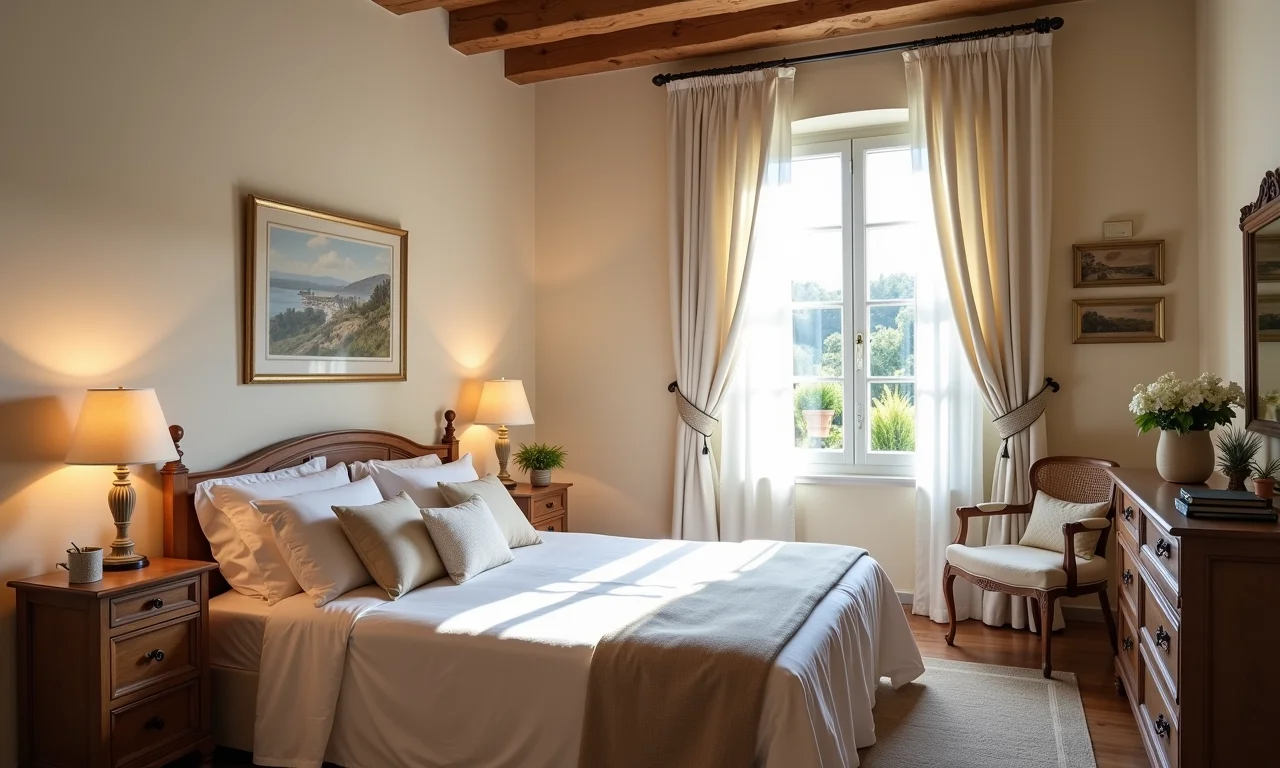 Quarto provençal iluminado por luz suave e difusa de fontes naturais.