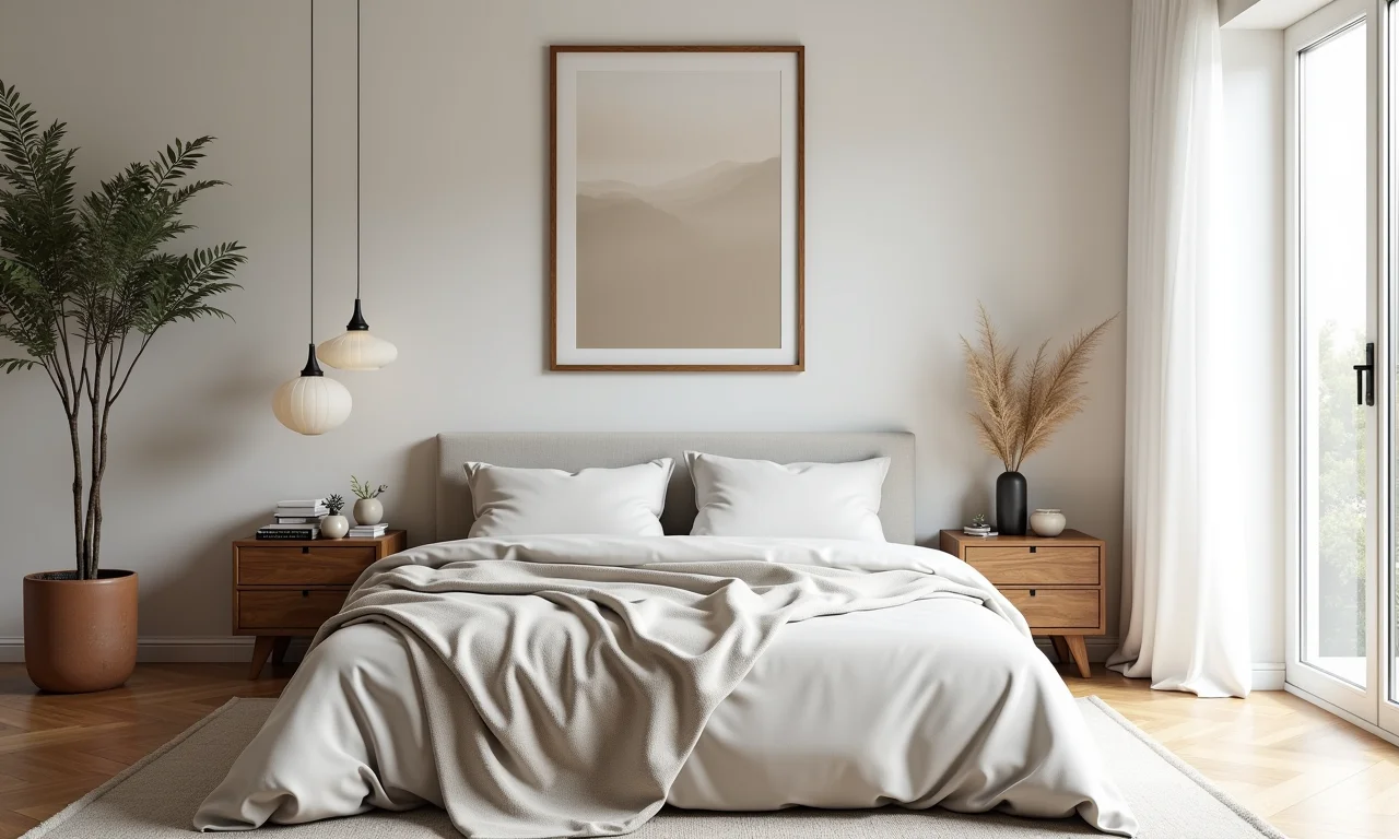 Quarto provençal moderno com linhas clean e arte.