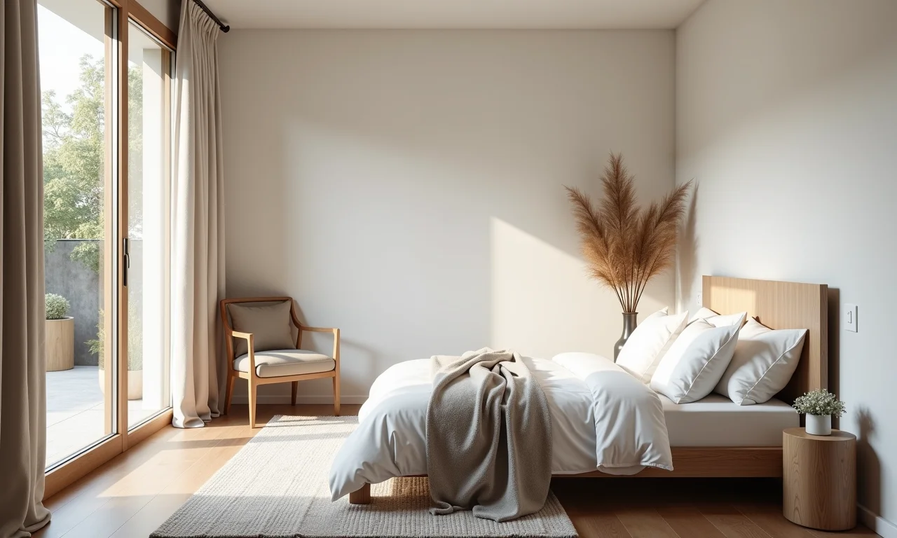 Quarto provençal moderno com linhas limpas e decoração minimalista.