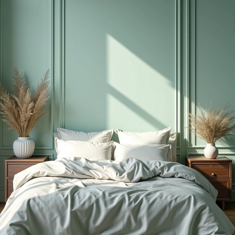 Quarto relaxante com cores análogas em tons frios.