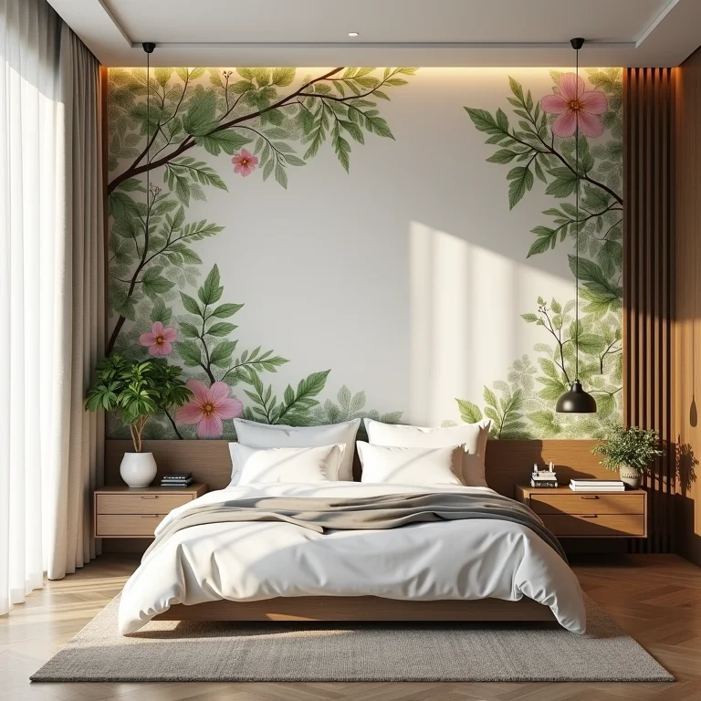Quarto relaxante com papel de parede 3D inspirado na natureza.