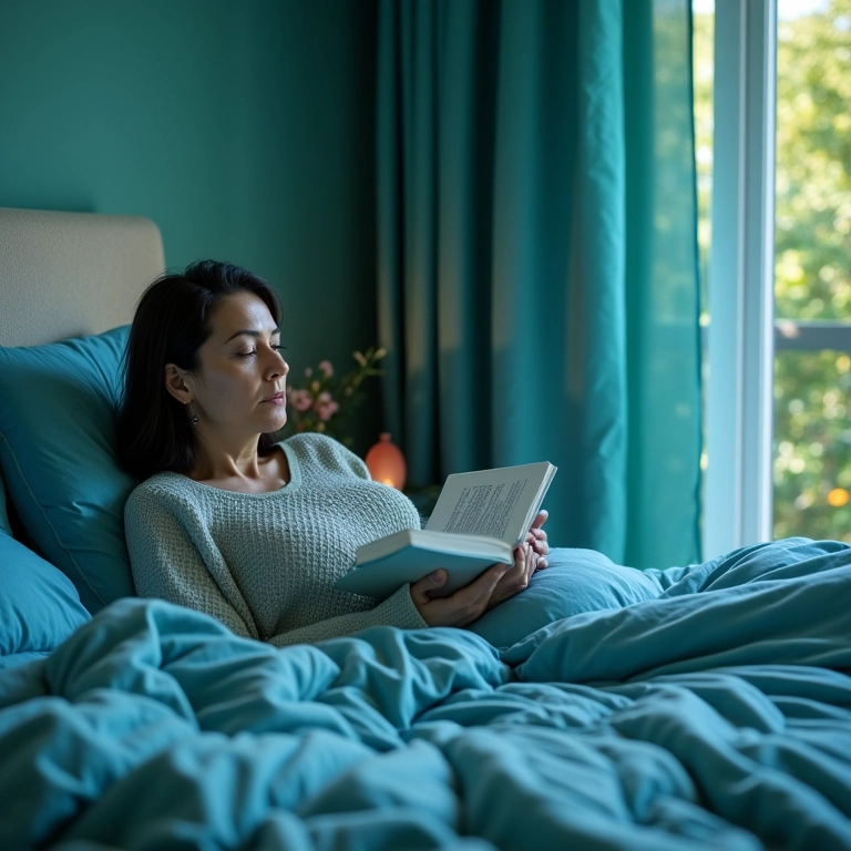 Quarto relaxante com tons de azul e verde, mulher lendo.