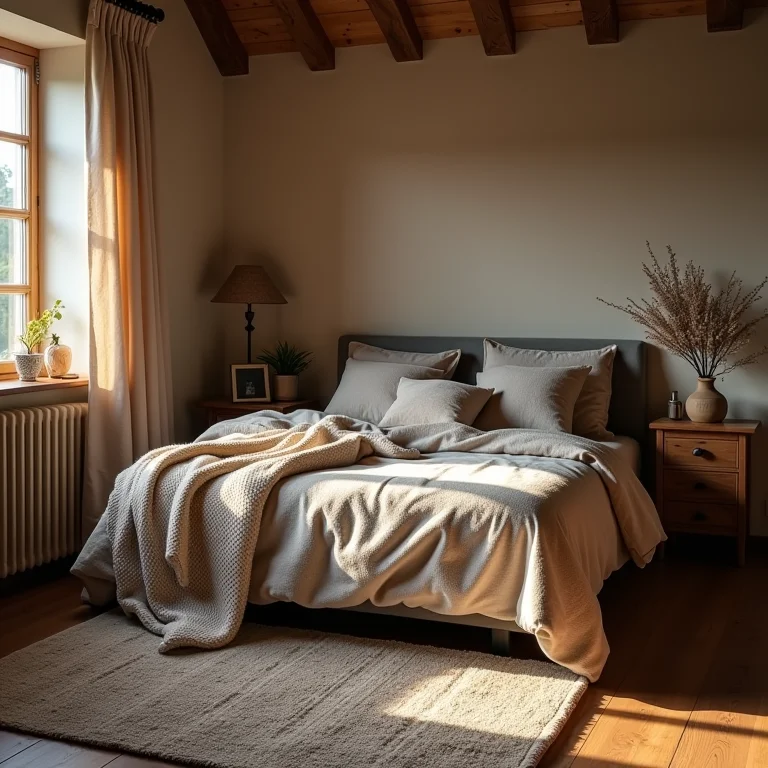 Quarto rústico aconchegante com cobertas macias e tapete confortável