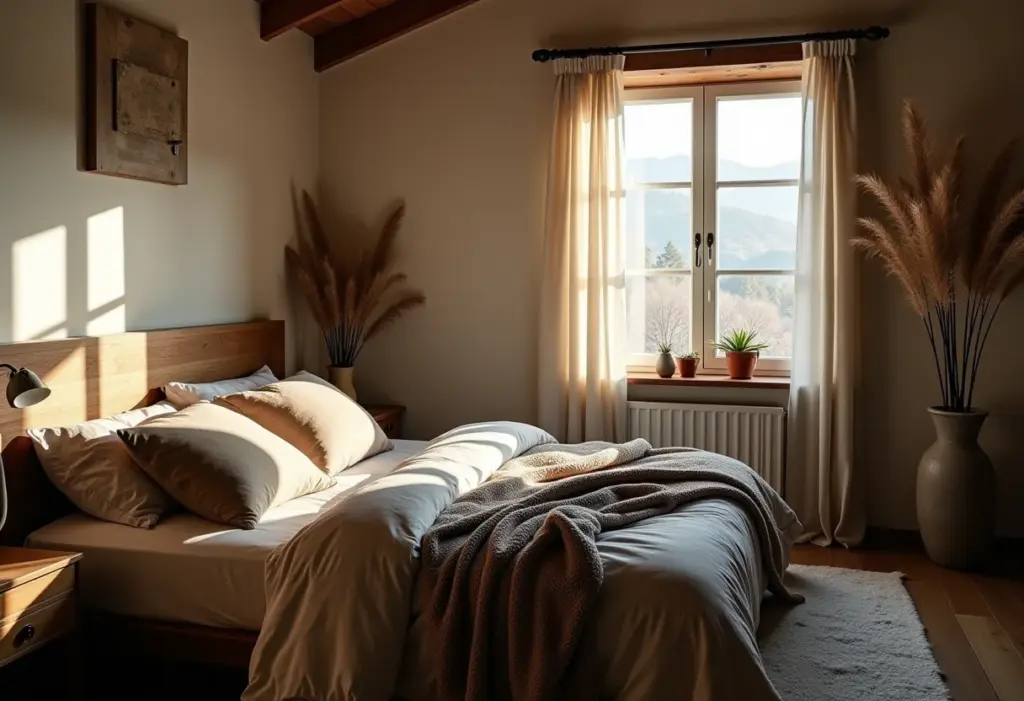 Quarto rústico de casal com iluminação suave e detalhes em madeira