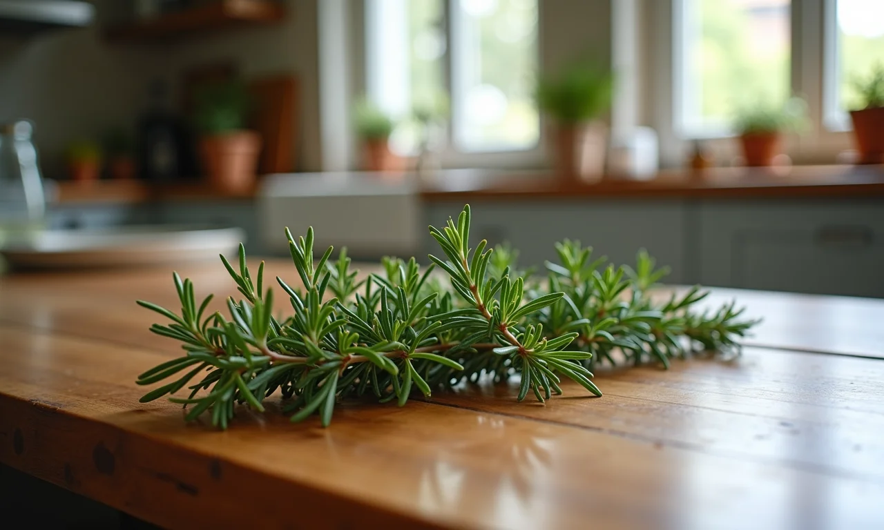 Ramo de alecrim sobre mesa de madeira em cozinha brasileira.