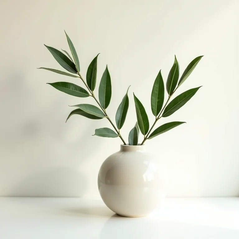 Ramos de oliveira e folhas verdes em um vaso, simbolizando a natureza