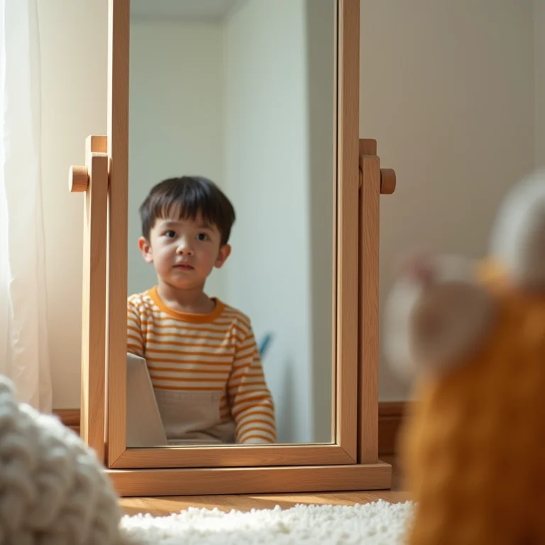 Reflexo distorcido de uma criança em um espelho mal posicionado.