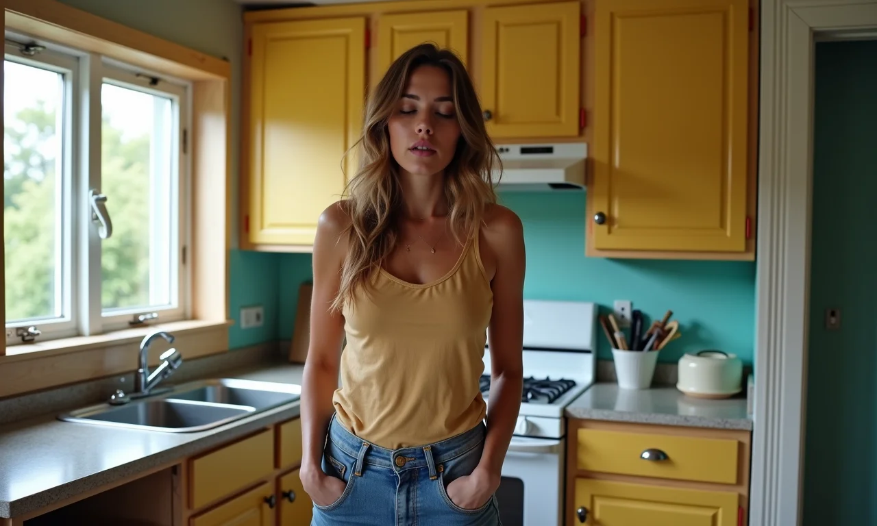 Reforma de cozinha interrompida por falta de orçamento, mulher frustrada.