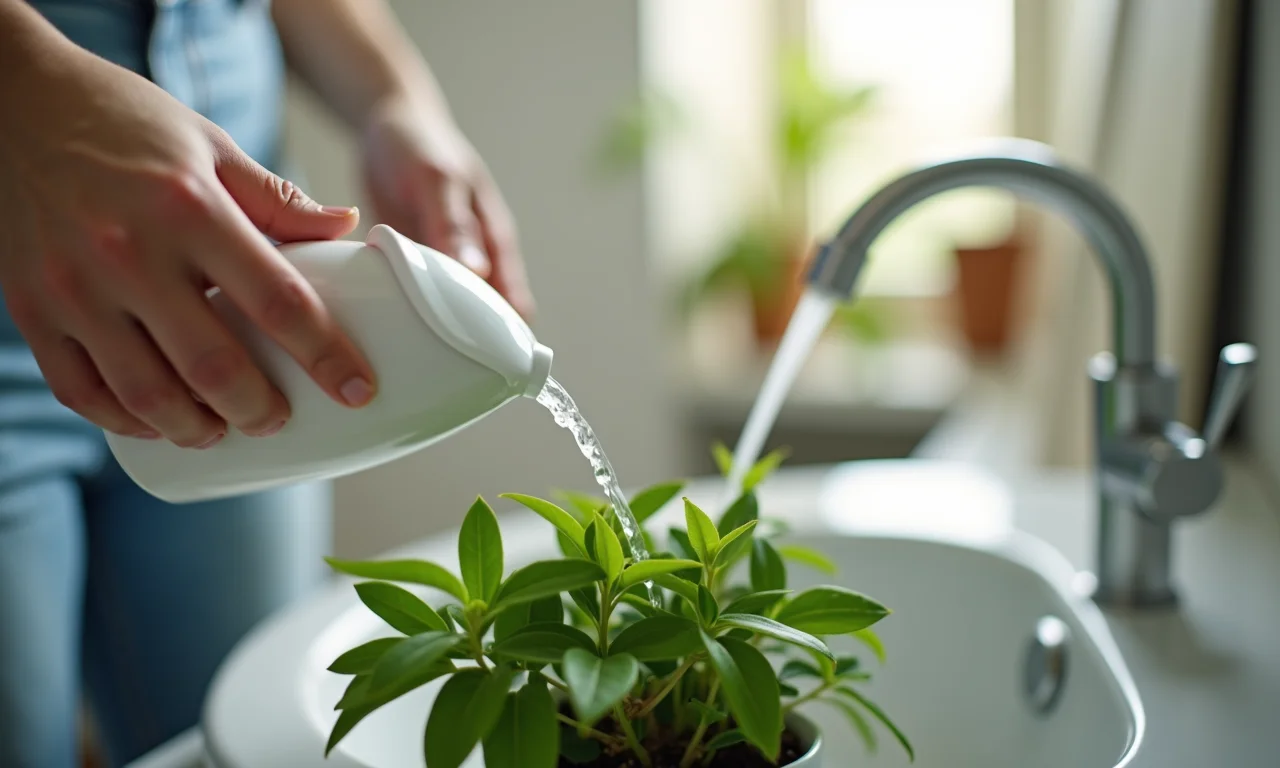 Regando uma planta no lavabo com cuidado.