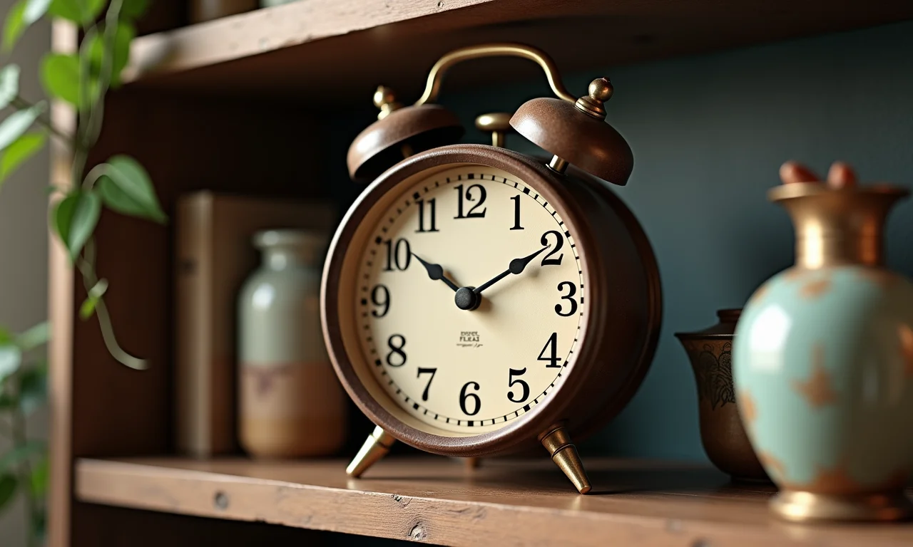 Relógio vintage em prateleira com objetos significativos e luz natural suave.