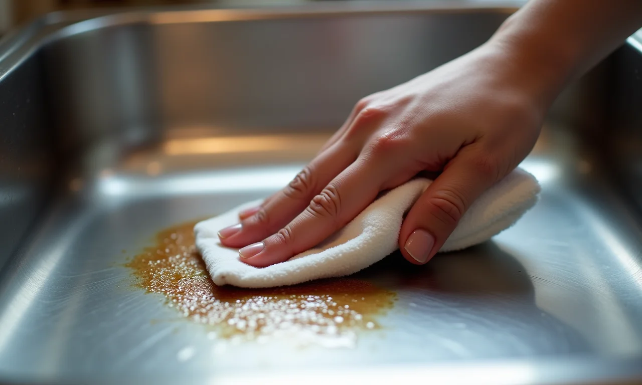 Remoção de manchas difíceis em uma cuba de inox polida.