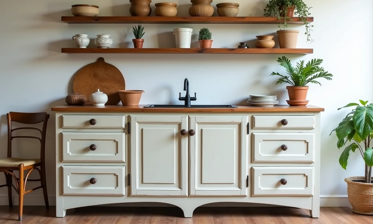 Reutilização de móveis antigos em cozinha reformada.