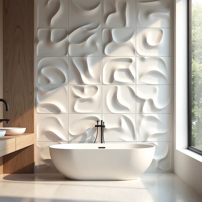 Revestimento 3D de cerâmica em banheiro moderno