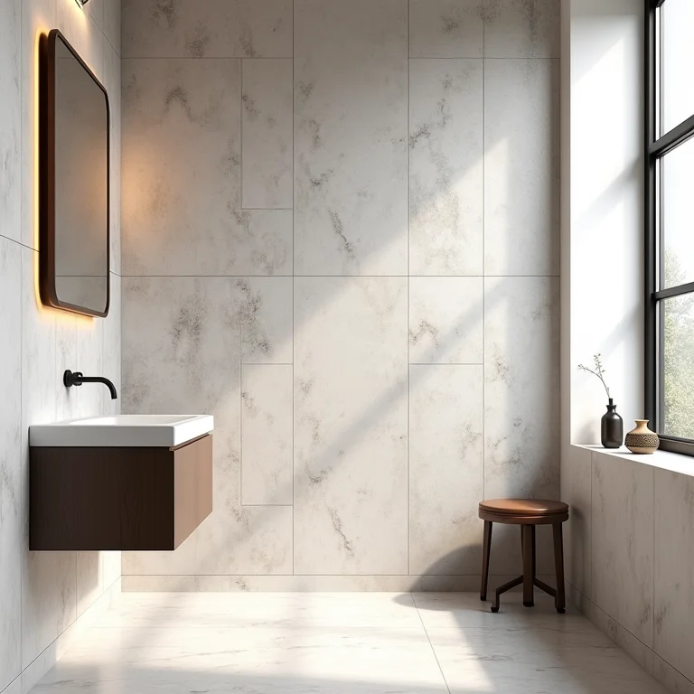 Revestimento de banheiro pequeno com azulejos grandes para ampliar o espaço